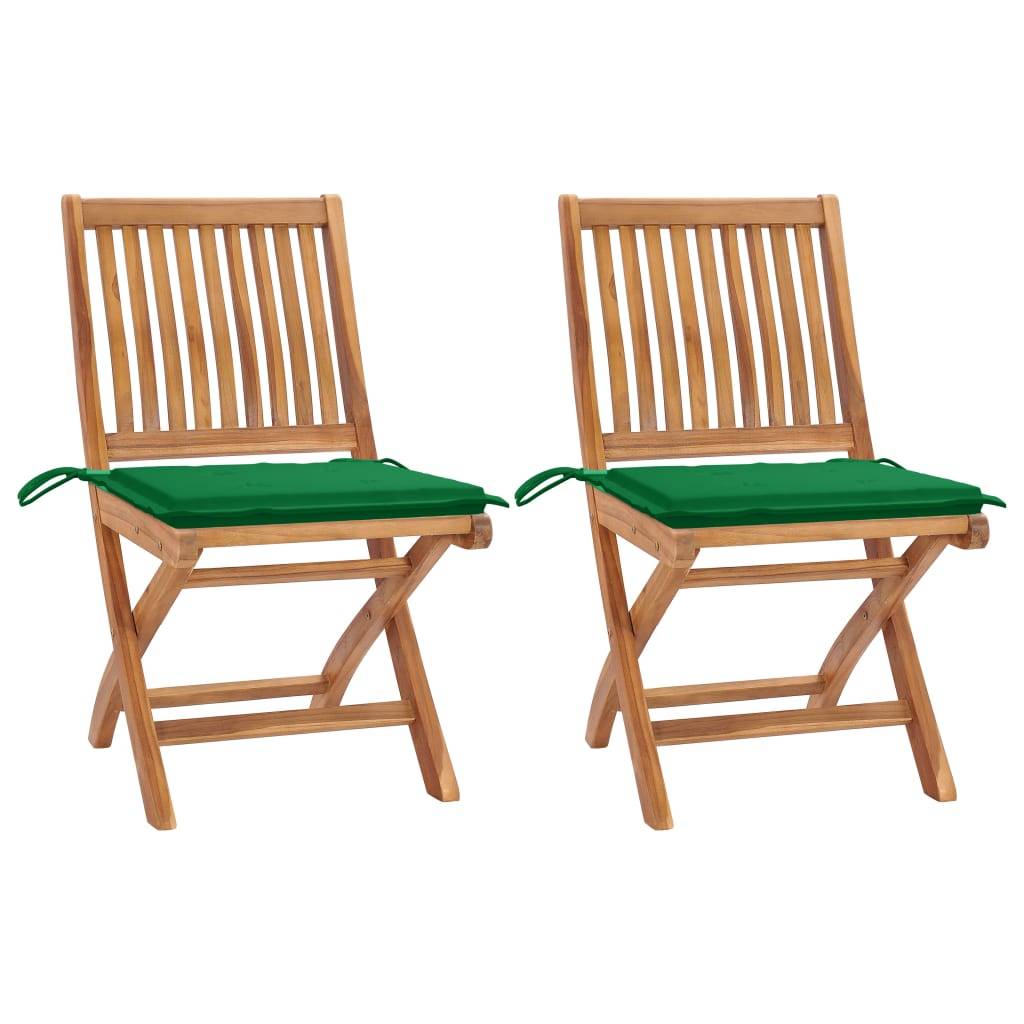 vidaXL Gartenstühle 2 Stk. mit Grünen Kissen Teak Massivholz