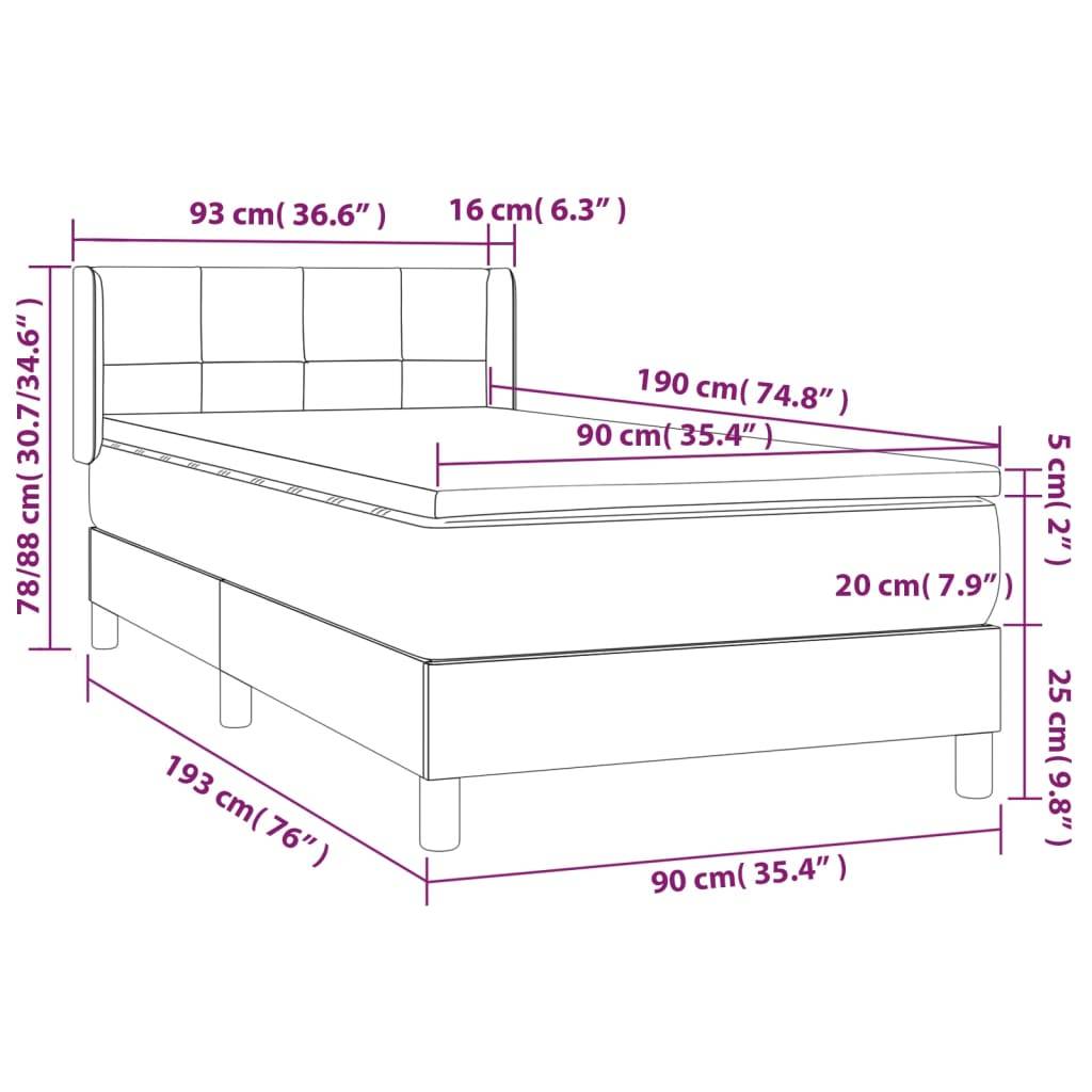 vidaXL Boxspringbett mit Matratze Dunkelgrau 90x190 cm Samt