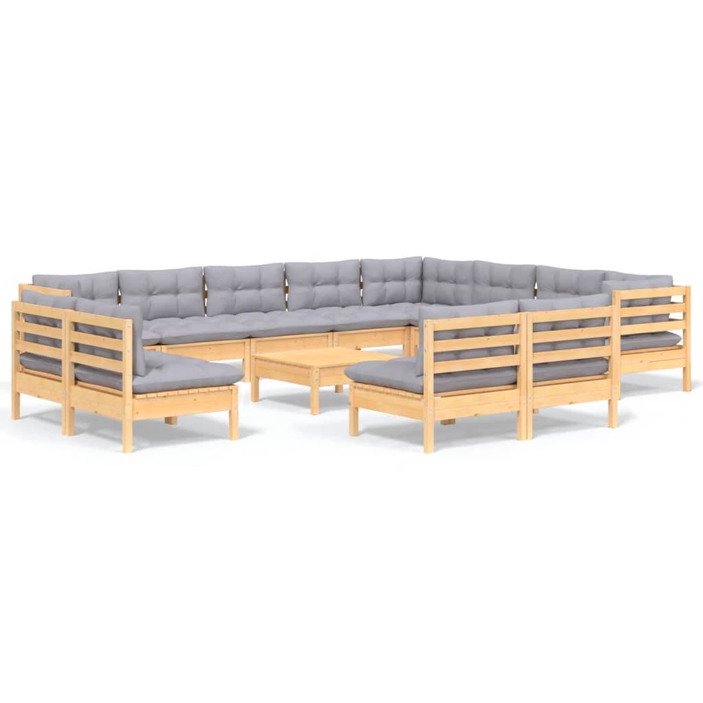 vidaXL 13-tlg. Garten-Lounge-Set mit Grauen Kissen Massivholz Kiefer