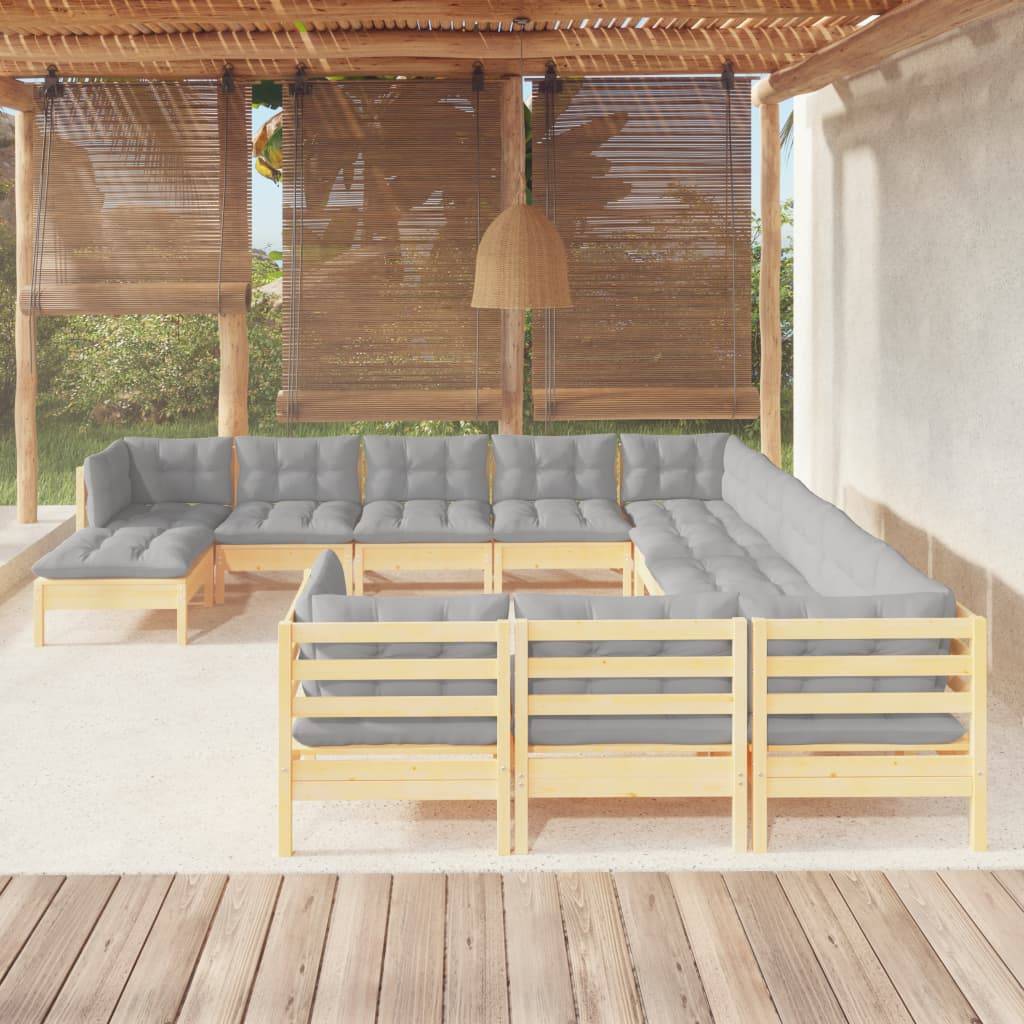 vidaXL 12-tlg. Garten-Lounge-Set mit Grauen Kissen Kiefernholz