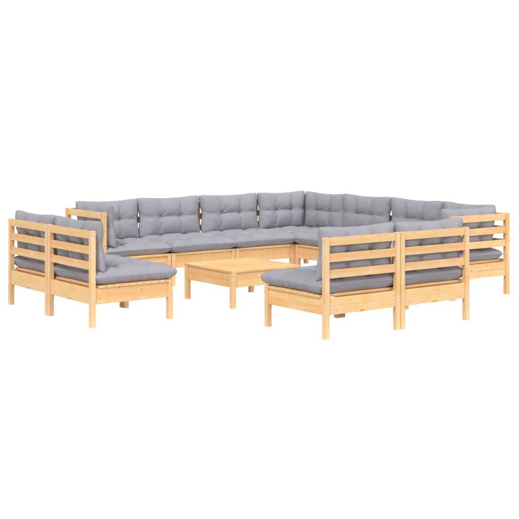 vidaXL 12-tlg. Garten-Lounge-Set mit Grauen Kissen Massivholz Kiefer