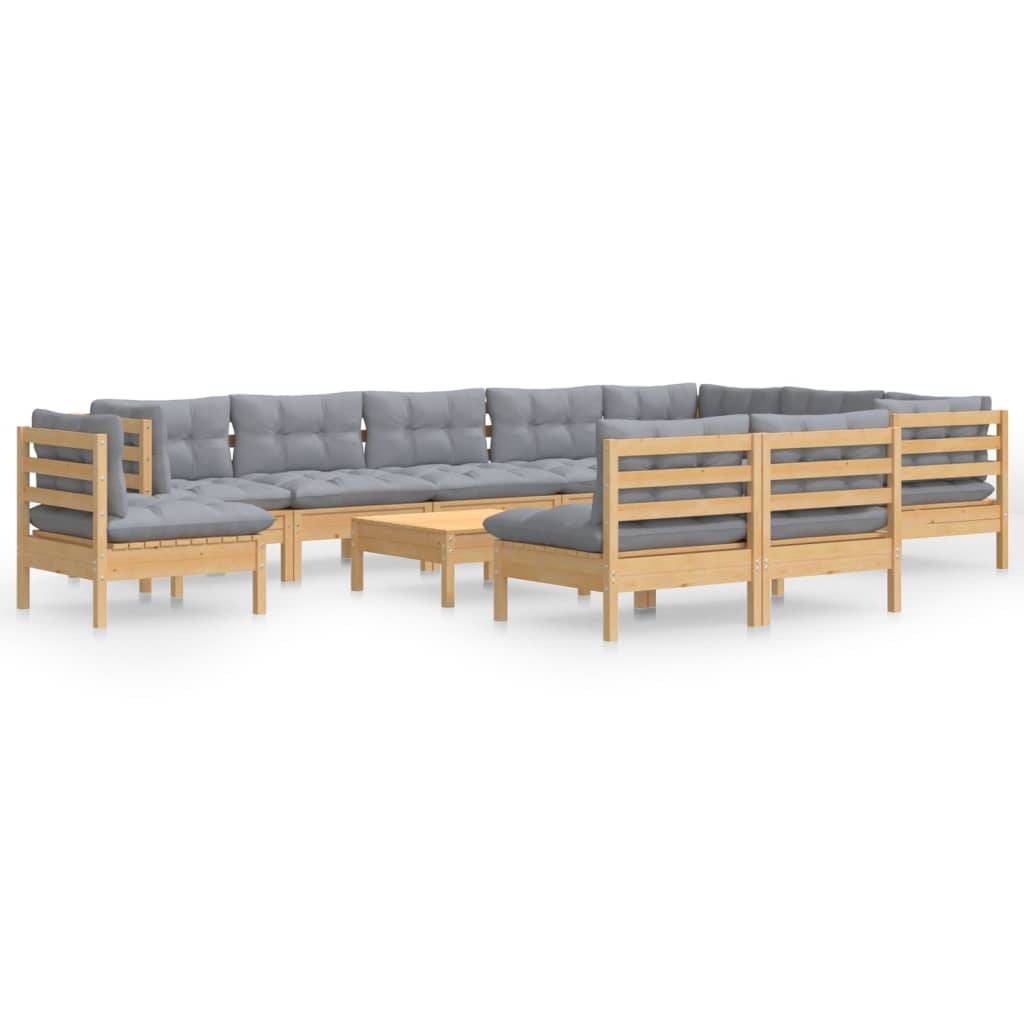 vidaXL 11-tlg. Garten-Lounge-Set mit Grauen Kissen Kiefer Massivholz