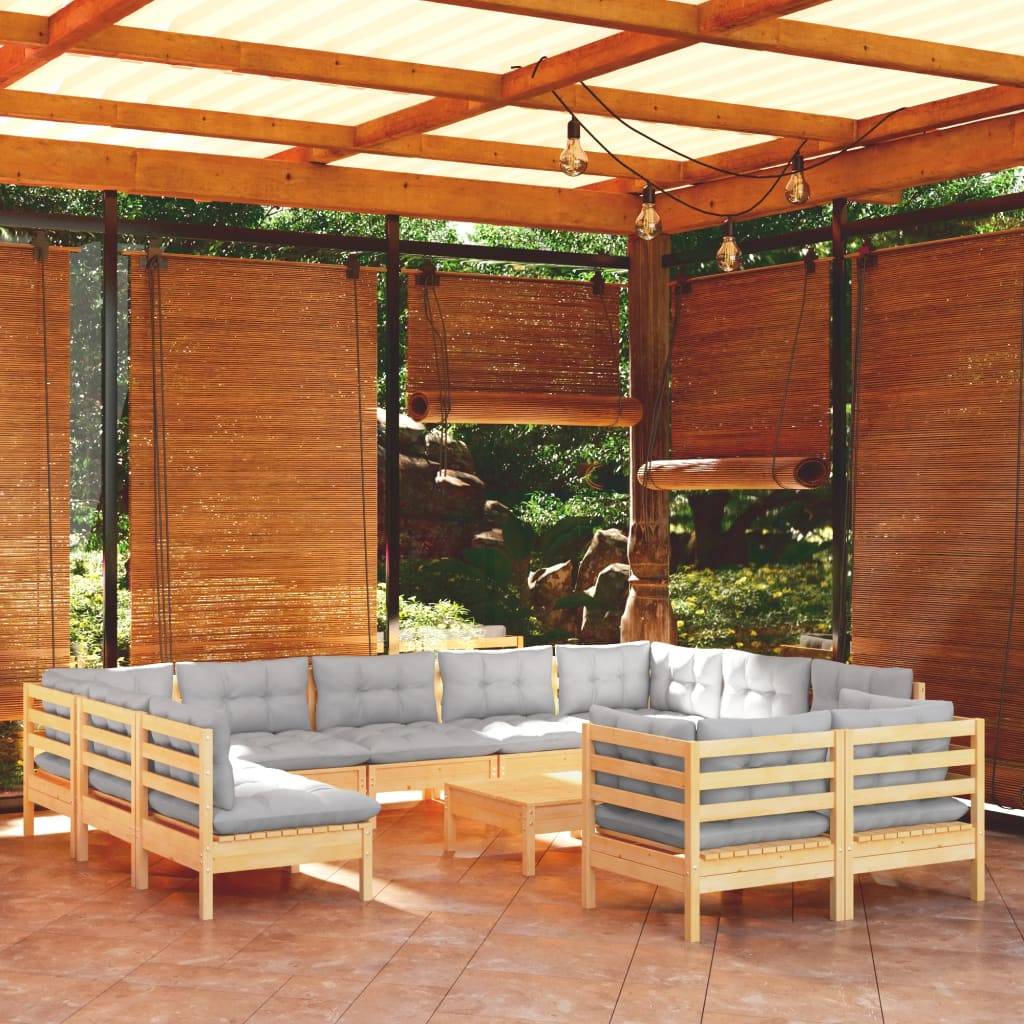 vidaXL 12-tlg. Garten-Lounge-Set mit Grauen Kissen Kiefer Massivholz