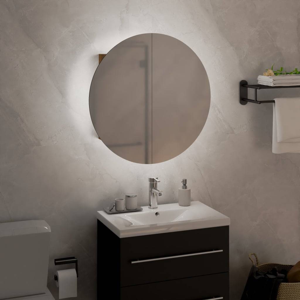 vidaXL Badezimmerschrank mit Rundem Spiegel & LED Eichen-Optik