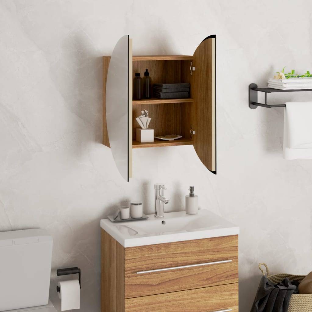 vidaXL Badezimmerschrank mit Rundem Spiegel & LED Eichen-Optik