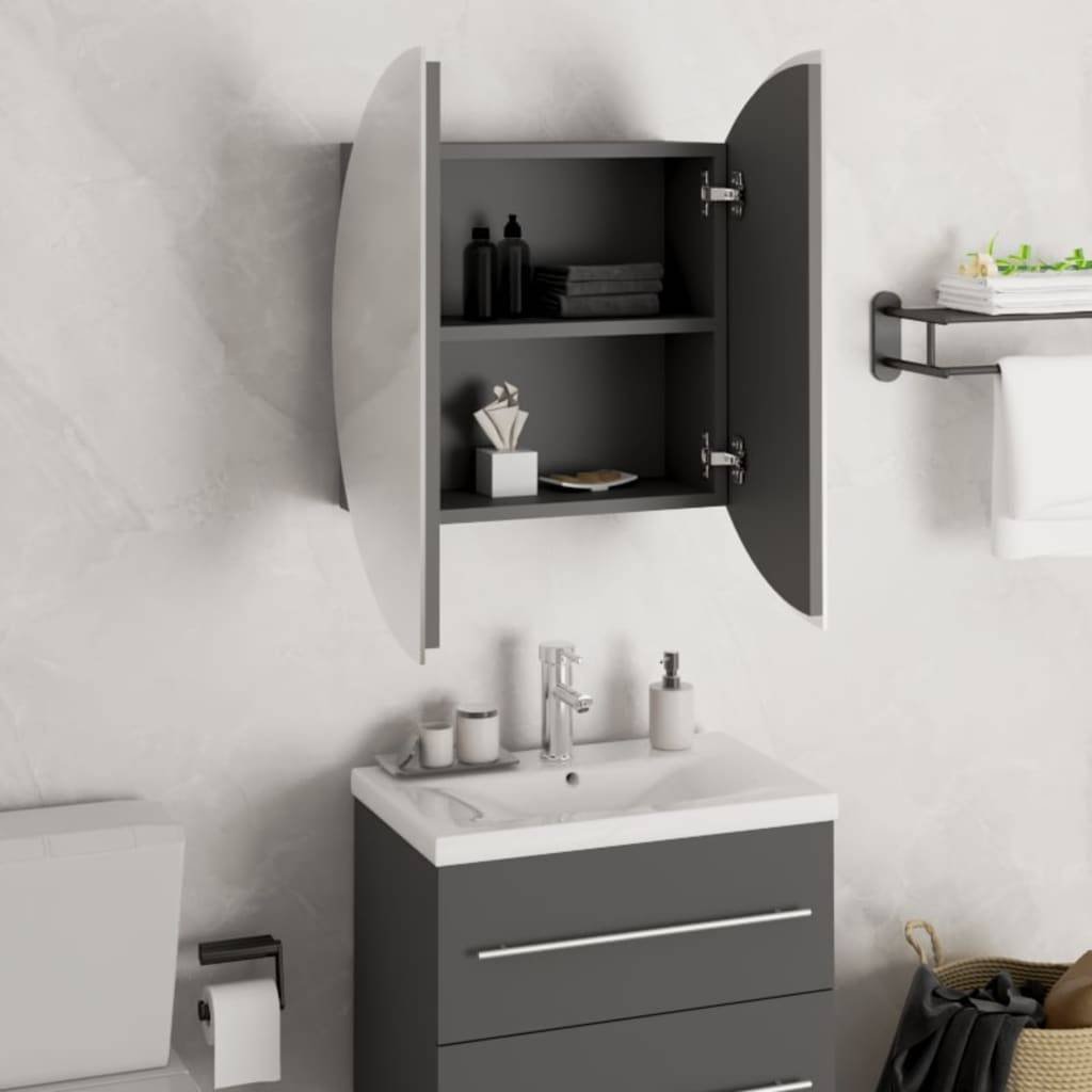vidaXL Badezimmerschrank mit Rundem Spiegel & LED Grau 47x47x17,5 cm