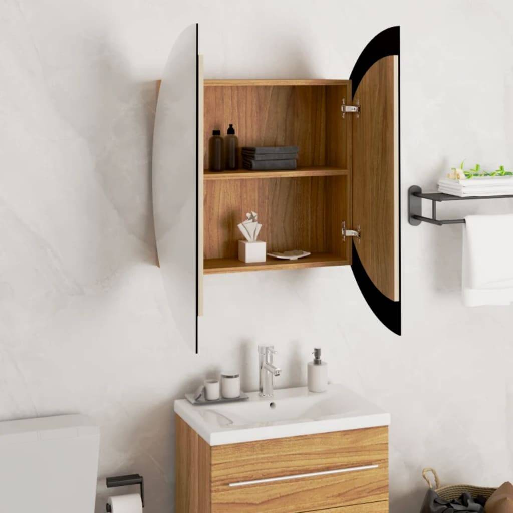 vidaXL Badezimmerschrank mit Rundem Spiegel & LED Eichen-Optik