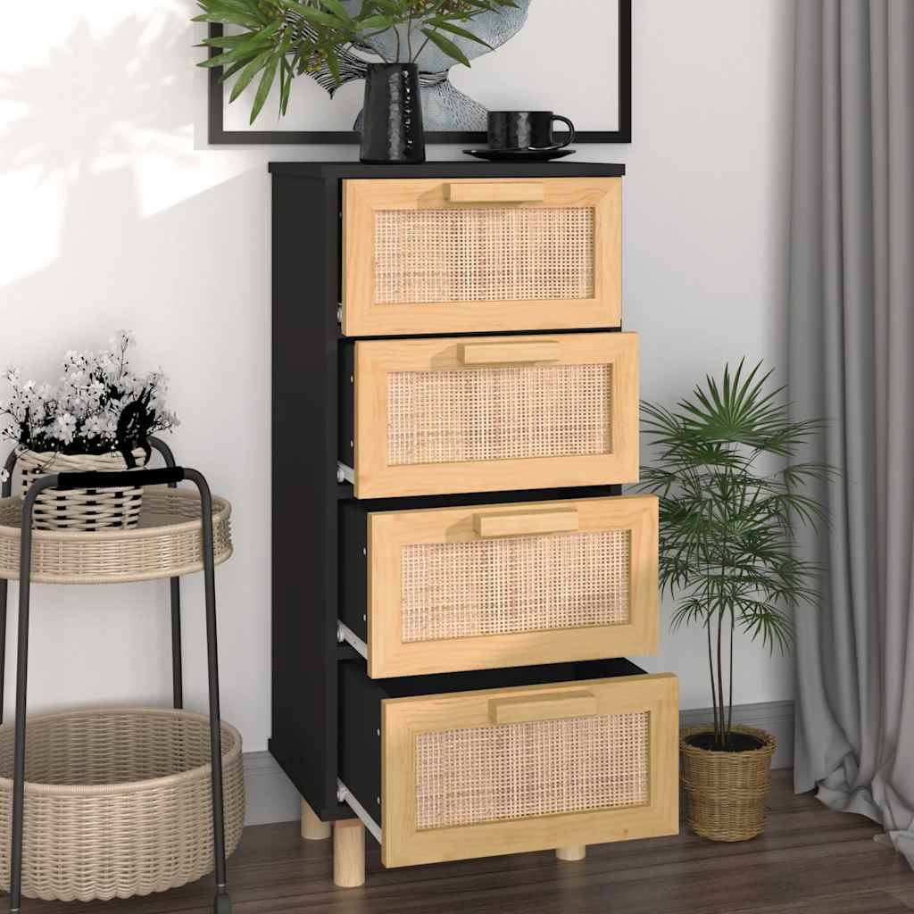 vidaXL Sideboard Schwarz 40x30x90cm Massivholz Kiefer und Natur-Rattan
