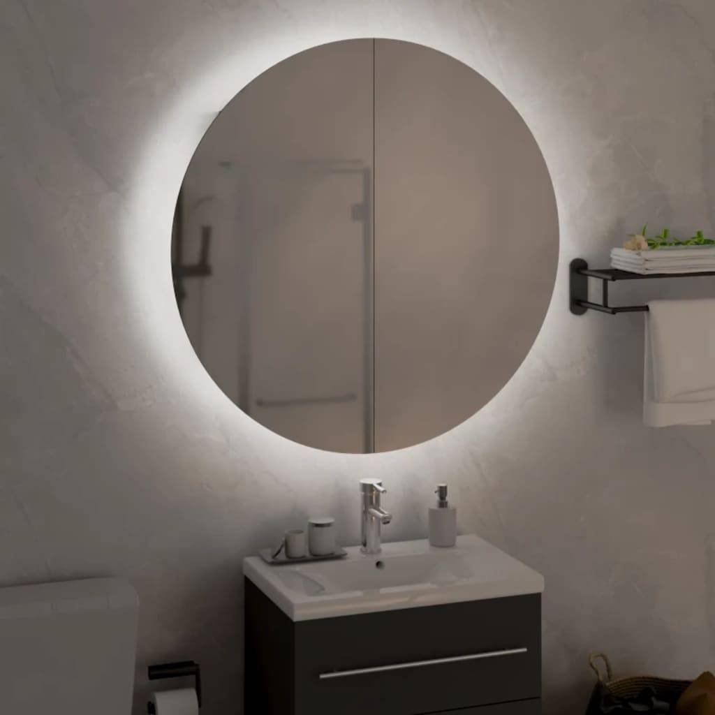 vidaXL Badezimmerschrank mit Rundem Spiegel & LED Weiß 54x54x17,5 cm