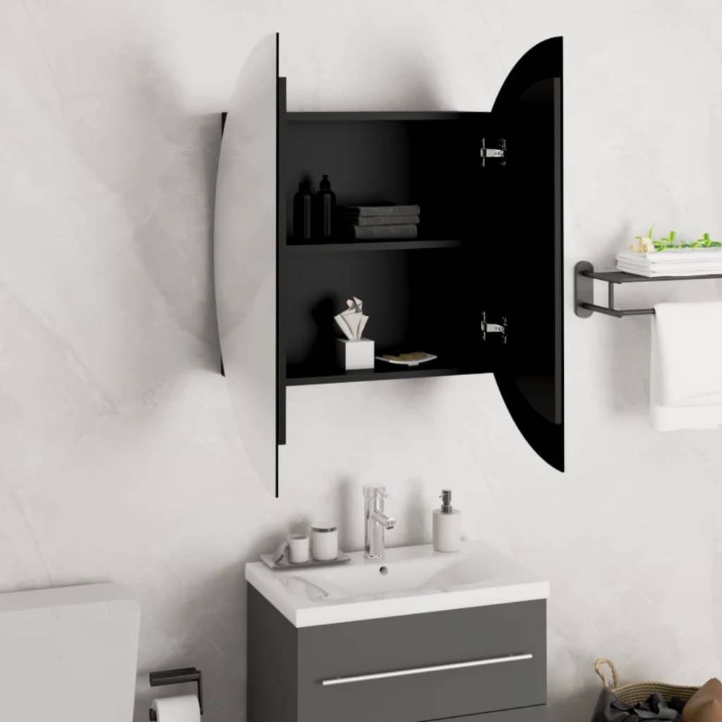 vidaXL Badezimmerschrank mit Rundem Spiegel & LED Schwarz 54x54x17,5cm