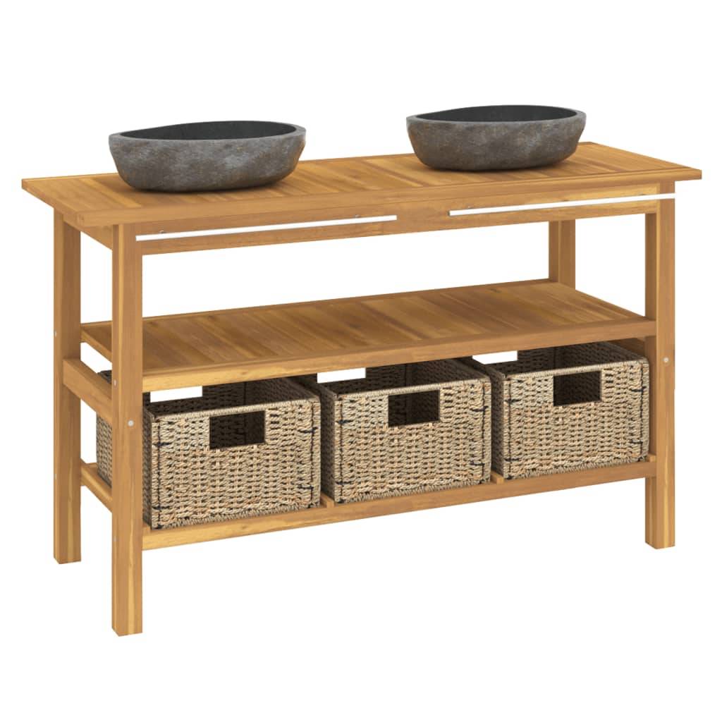 vidaXL Waschtisch mit Flussstein-Waschbecken Massivholz Teak