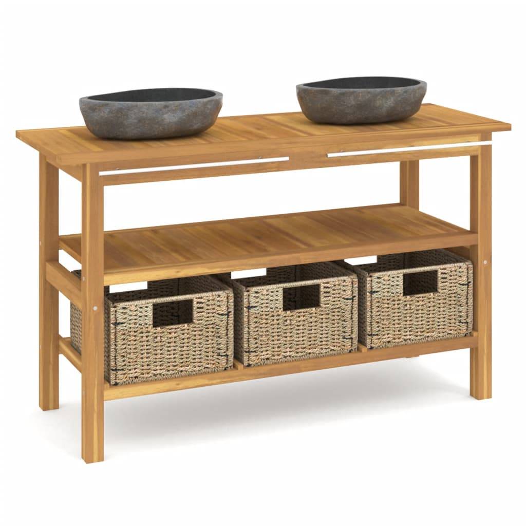 vidaXL Waschtisch mit Flussstein-Waschbecken Massivholz Teak