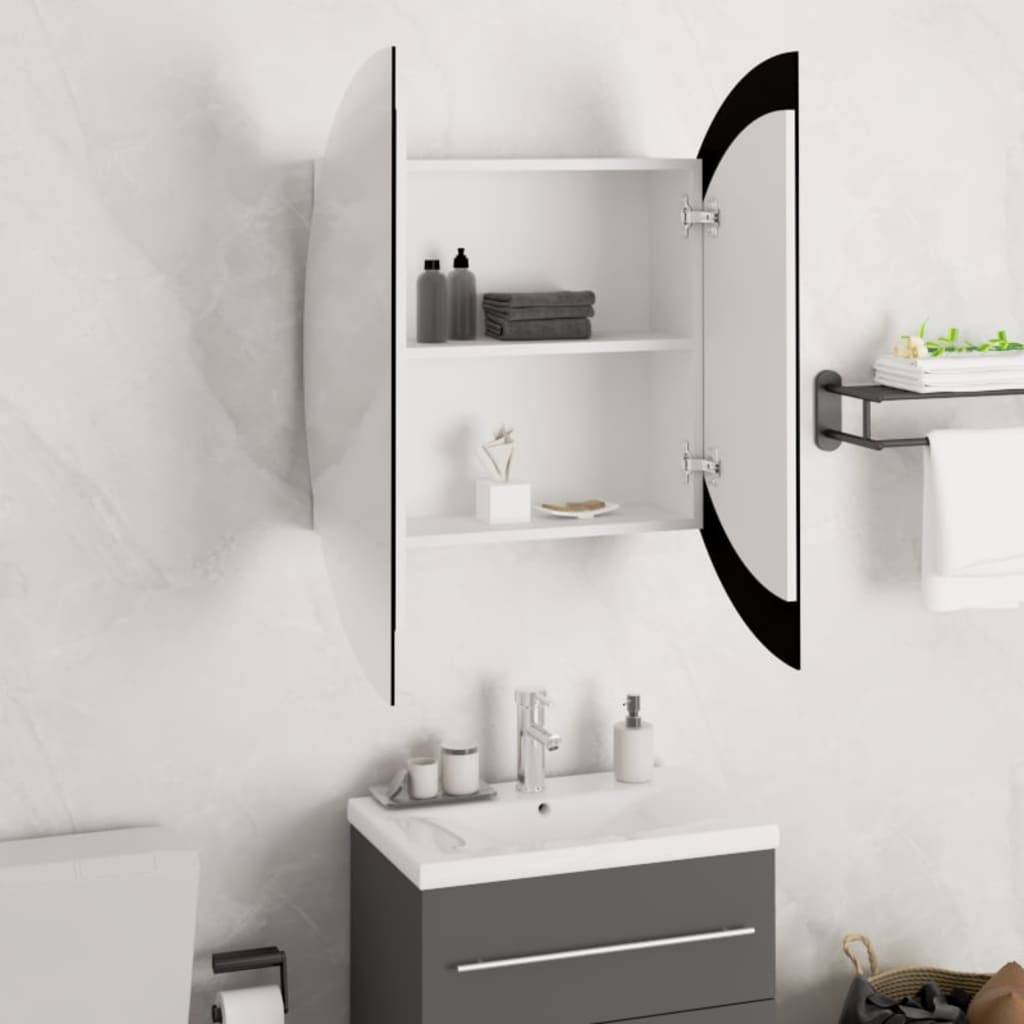 vidaXL Badezimmerschrank mit Rundem Spiegel & LED Weiß 54x54x17,5 cm