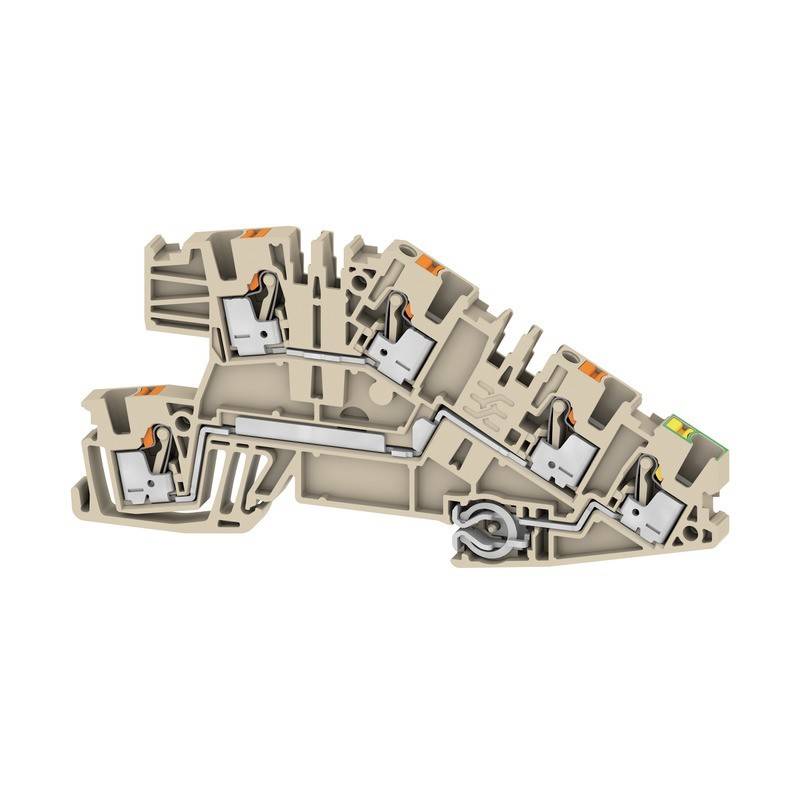 Ein beiger Sicherungskasten mit mehreren Fächern und orangefarbenen Schaltern, entwickelt für elektrische Anschlüsse und Schutz.