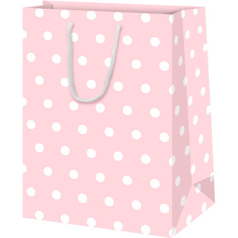 Eine hellrosa Einkaufstasche mit weißen Polka Dots und weißen Griffen.
