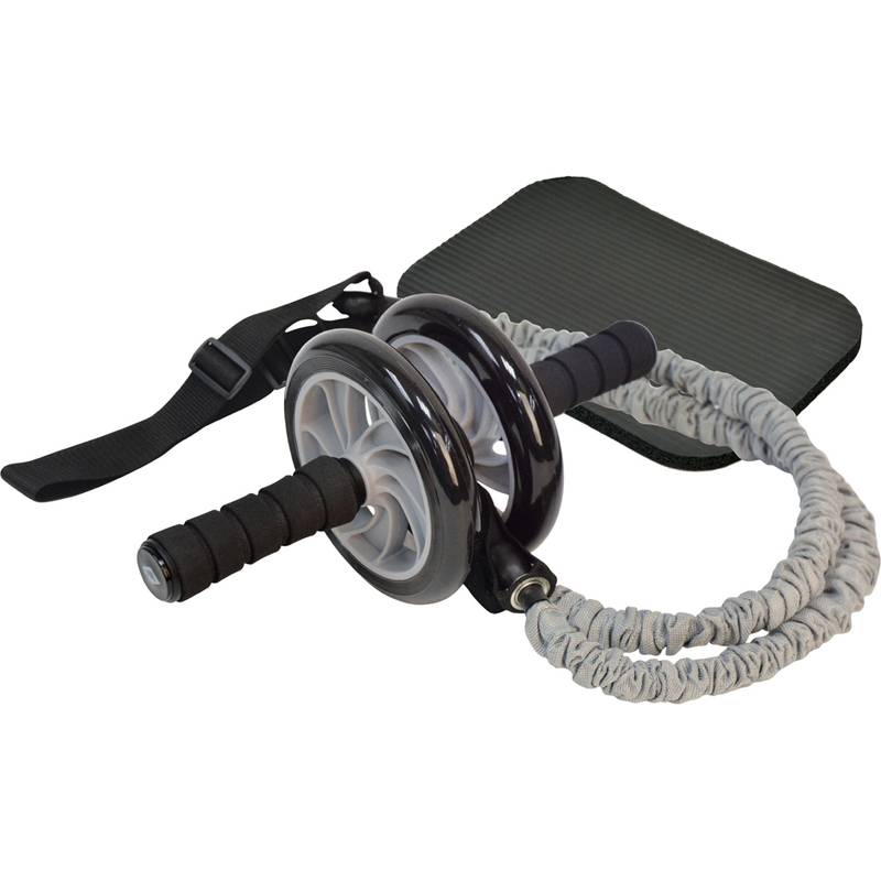 Ein Bauchroller mit Griffen, einer angebrachten Widerstandsband und einer Kniematte, verwendet für Kernkraftübungen, auf weißem Hintergrund dargestellt.