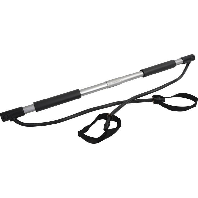 Eine schwarze und silberne Widerstandsband-Stange mit angebrachten Griffen, entwickelt für Bewegung und Krafttraining.