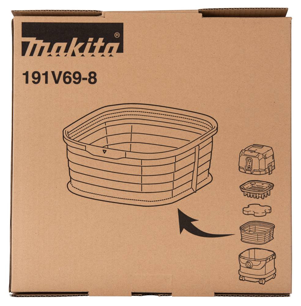 Makita 191V69-8 Produktkarton mit einer Linienzeichnung eines zusammenklappbaren Behälters und kleineren Montageicons auf der rechten Seite.