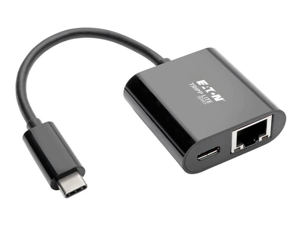 USB-C-zu-Ethernet-Adapter mit einem kurzen Kabel, USB-C-Stecker und Ethernet-Anschluss auf einem schwarzen rechteckigen Gerät.