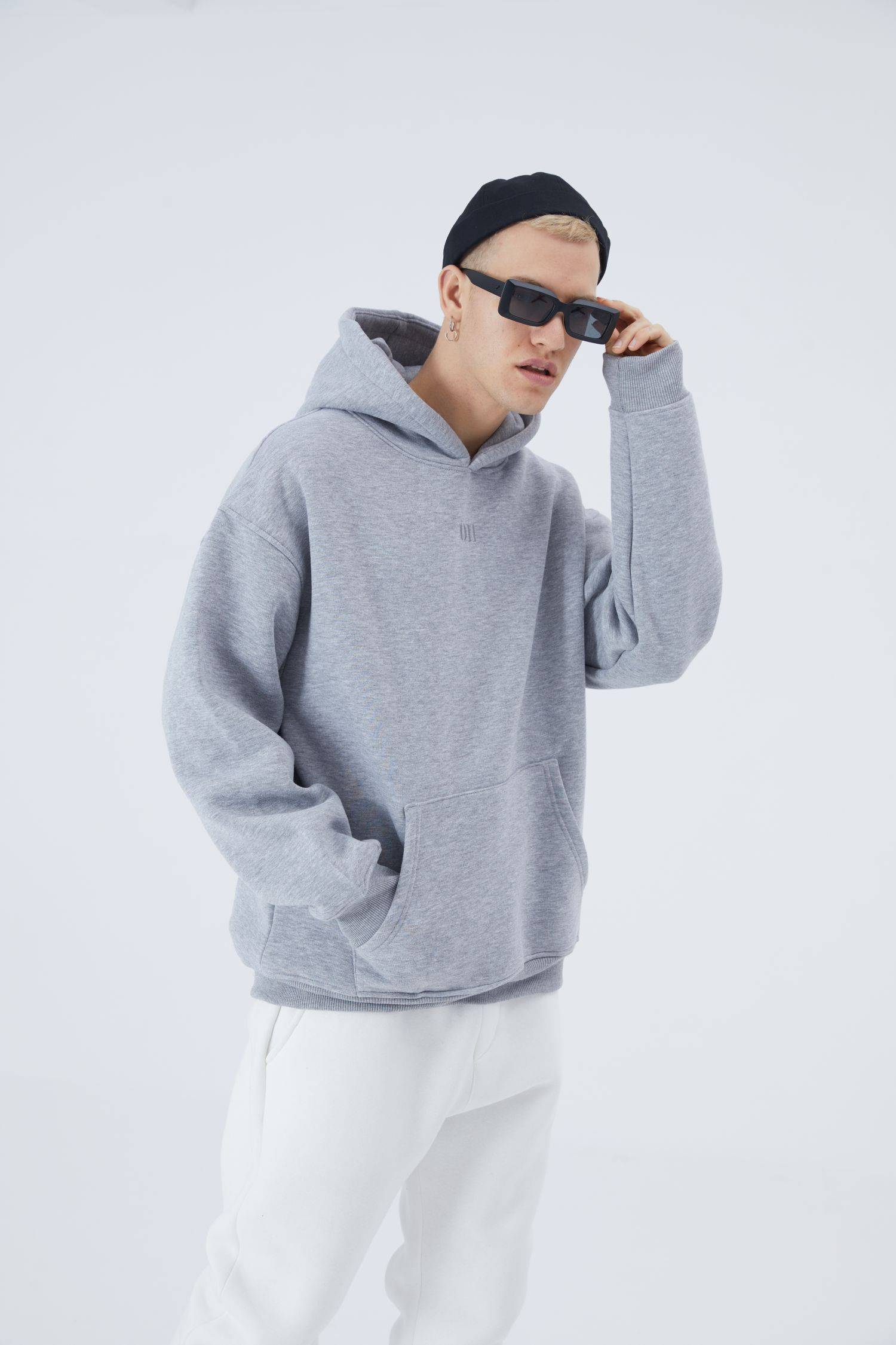 Ossy Homer Oversize Hoodie einfarbig Basic Cotton Premium Herren & Damen Kapuzenpullover Unisex S Grau Melange