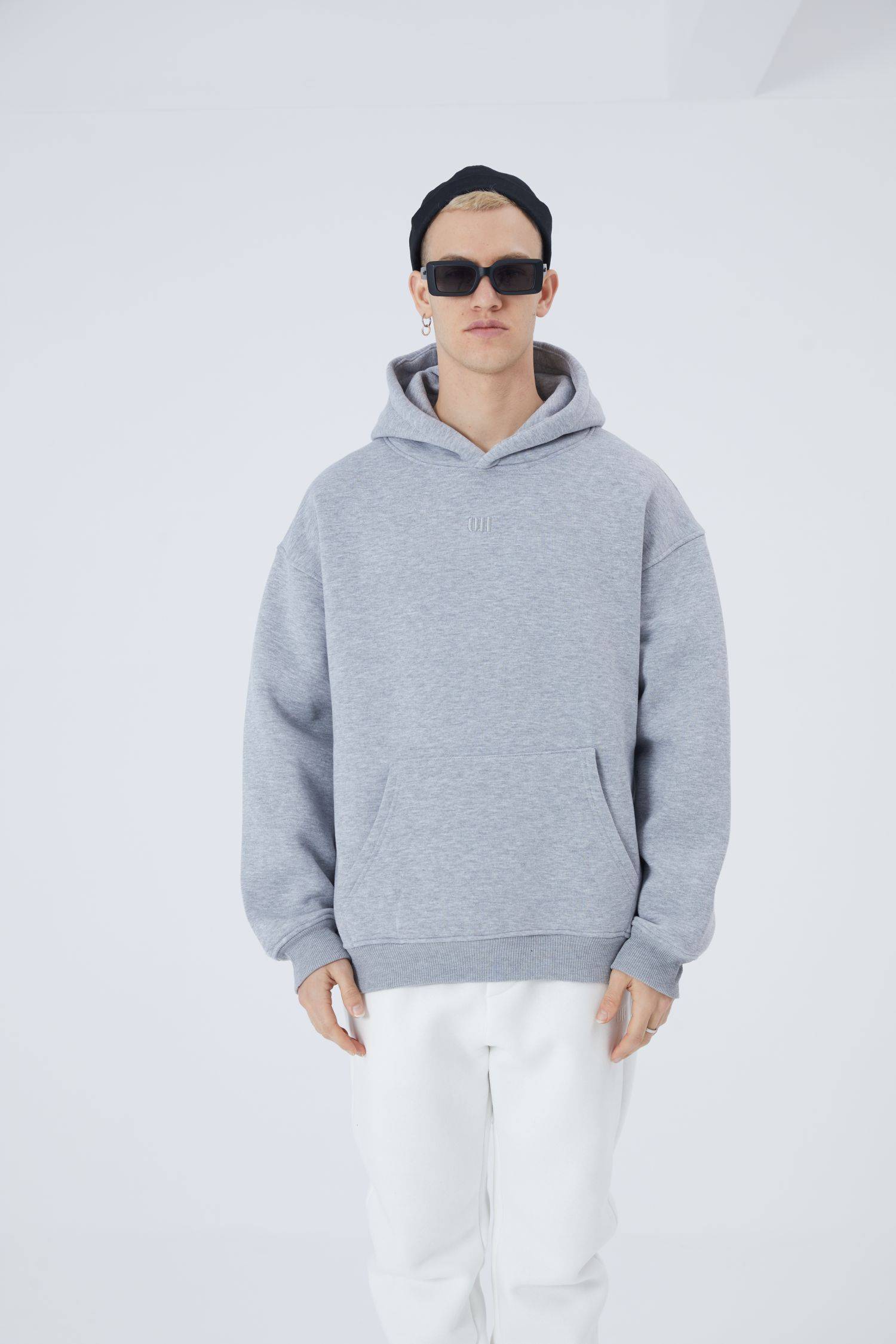 Ossy Homer Oversize Hoodie einfarbig Basic Cotton Premium Herren & Damen Kapuzenpullover Unisex XS Grau Melange