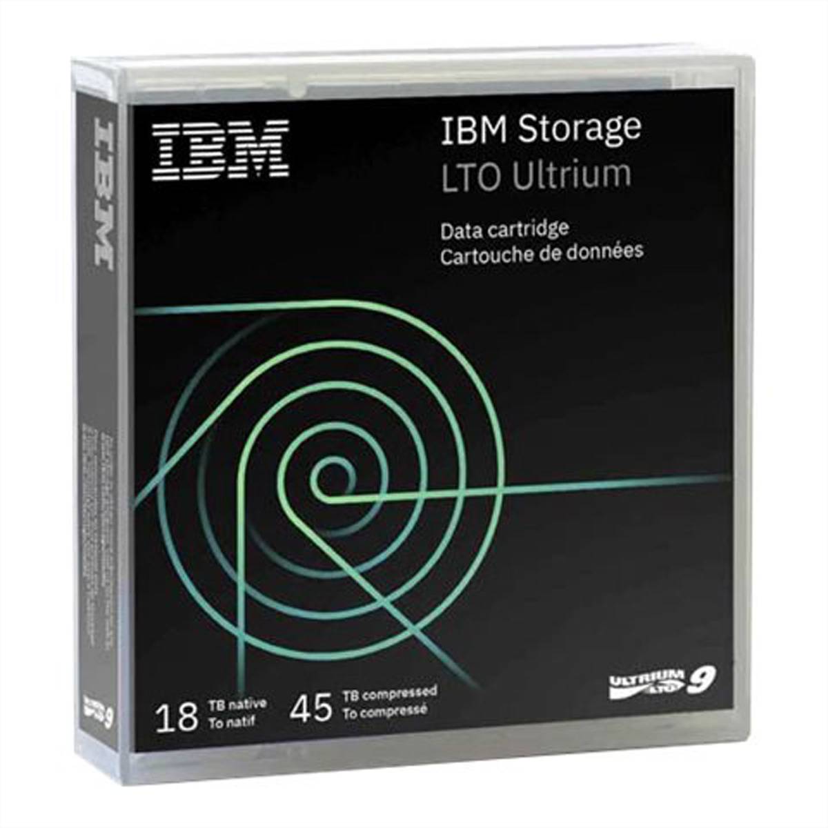 IBM Storage LTO Ultrium 9 Datenkassette, Karton mit Angabe von 18 TB native Kapazität und 45 TB komprimierte Kapazität.