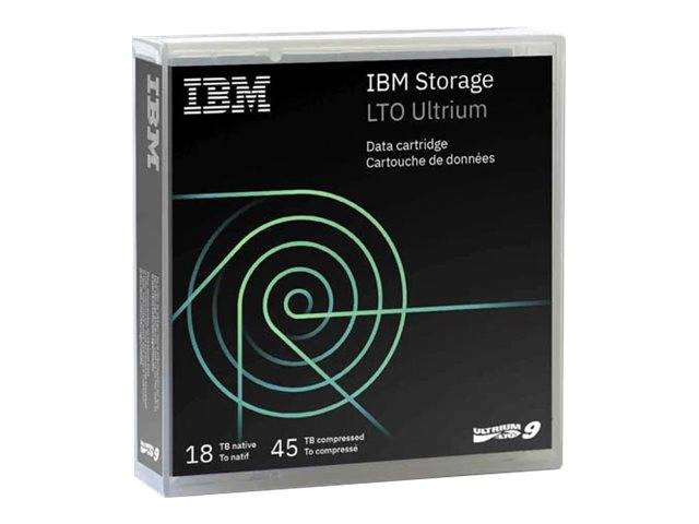 IBM Storage LTO Ultrium 9 Datenspeicherkartusche Paketbox mit IBM-Logo und Produktname, zeigt Kapazitätskennzeichnungen 18 TB nativ und 45 TB komprimiert.