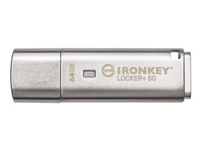 Ein silbernes IronKey USB-Speicherlaufwerk mit '64GB' und 'IronKey Locker+50' aufgedruckt, mit einem kleinen Anzeigelicht.