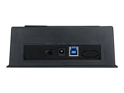 Nahaufnahme der Rückseite eines Geräts mit Netzschalter, DC-Eingang, USB-Anschluss und einem Datenbuchsenanschluss.
