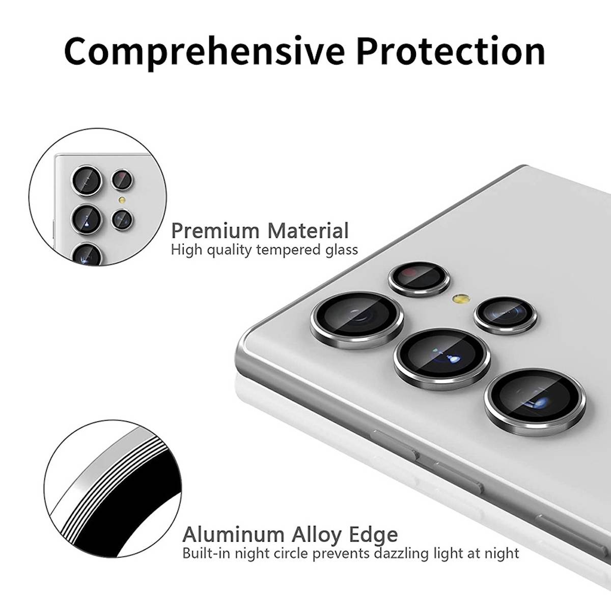Für Samsung Galaxy S23 Ultra Aluminium Ring Kamera + H9 Tempered Hart Glas Film Lila