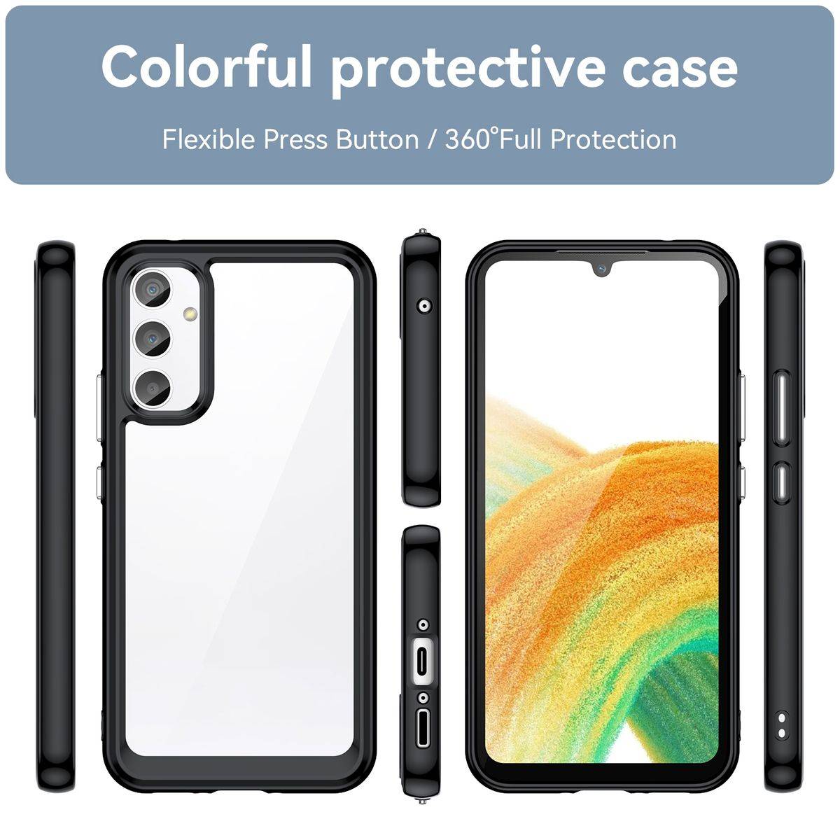Für Samsung Galaxy A34 5G Design Color Acryl + TPU Cover Handy Tasche Etuis Case Schwarz Neu