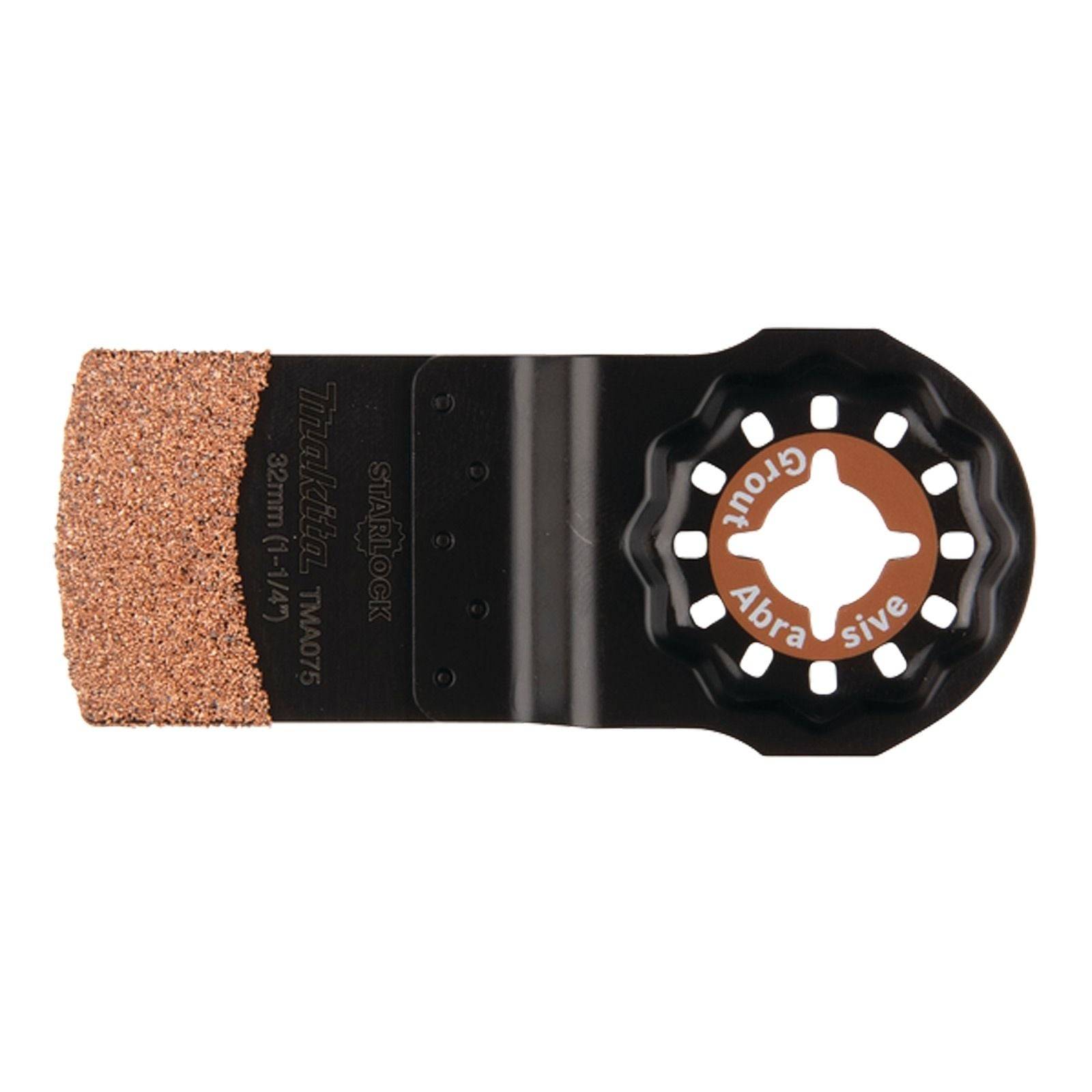 Eine Makita Starlock 55 mm Schleifschneidklinge mit brauner Körnungsoberfläche, speziell für Multifunktionswerkzeuge, verwendet für präzises Schneiden.