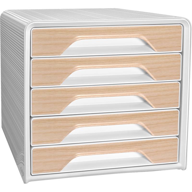 Ein weißer und holzfarbener Schreibtisch-Organizer mit fünf Schubladen, ideal zum Aufbewahren von Dokumenten und Büromaterialien.