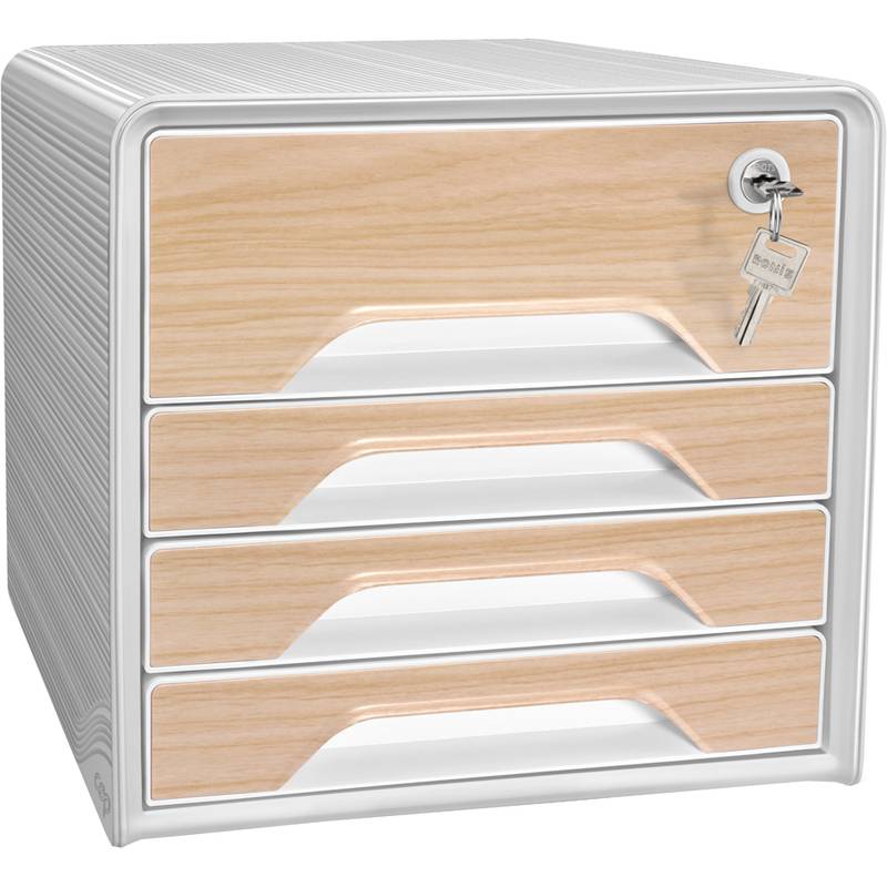 Eine weiße und holzmaserierte Aufbewahrungsbox mit drei Schubladen, mit Schloss und Schlüssel, entwickelt zum Organisieren und Sichern persönlicher Gegenstände.