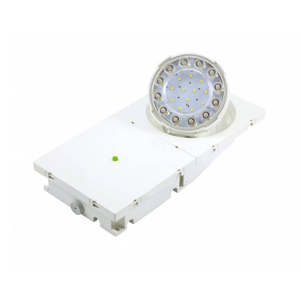 Ein weißes LED-Deckenleuchte mit kreisförmigem Design, ausgestattet mit mehreren kleinen Glühbirnen, die um den Rand herum angeordnet sind, auf einer rechteckigen Grundfläche.