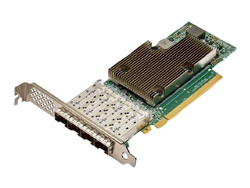 Eine Computererweiterungskarte mit einem großen Kühlkörper und einer Metallhalterung mit mehreren Videoverbindungen.
