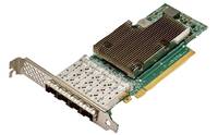 Eine Computererweiterungskarte mit einer Metallhalterung und einem großen Kühlkörper, vermutlich ein Grafik- oder Netzwerkadapter, auf weißem Hintergrund abgebildet.