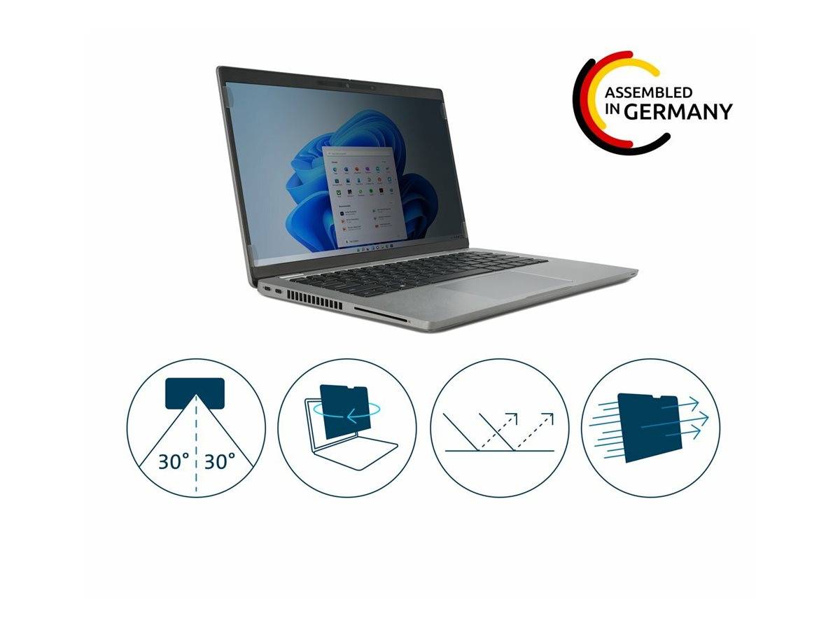 Silberner Laptop, geöffnet mit Windows-Bildschirm und Logo „Assembled in Germany