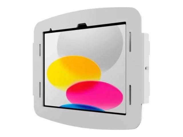 Stilisiertes, grau an der Wand montiertes Display oder Panel mit sich überlappenden gelben, rosa und blauen ovalen Formen auf seinem Bildschirm.