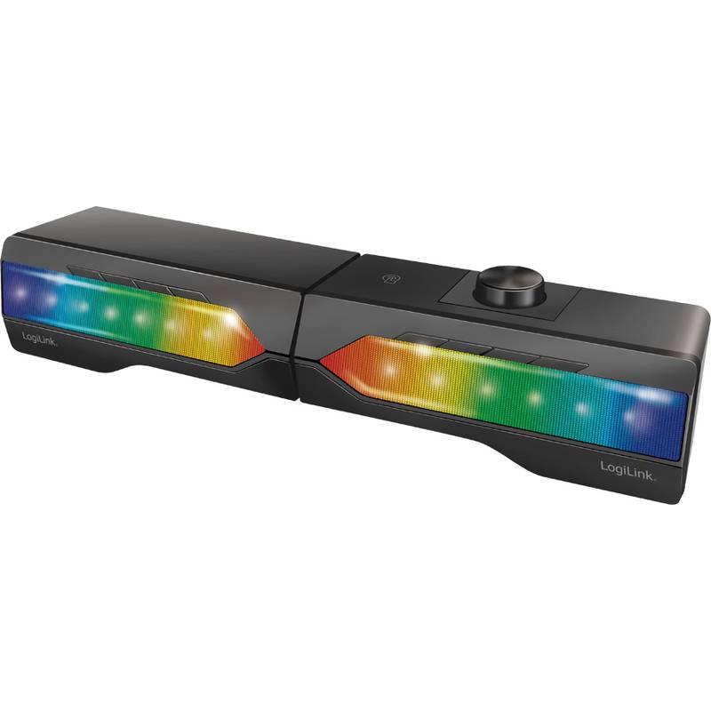 Schwarze Soundbar mit bunten LED-Lichtern, die ein Farbspektrum darstellen. Sie verfügt über einen Lautstärkeregler auf der Oberseite und den Markennamen 'LogiLink' auf der Vorderseite.