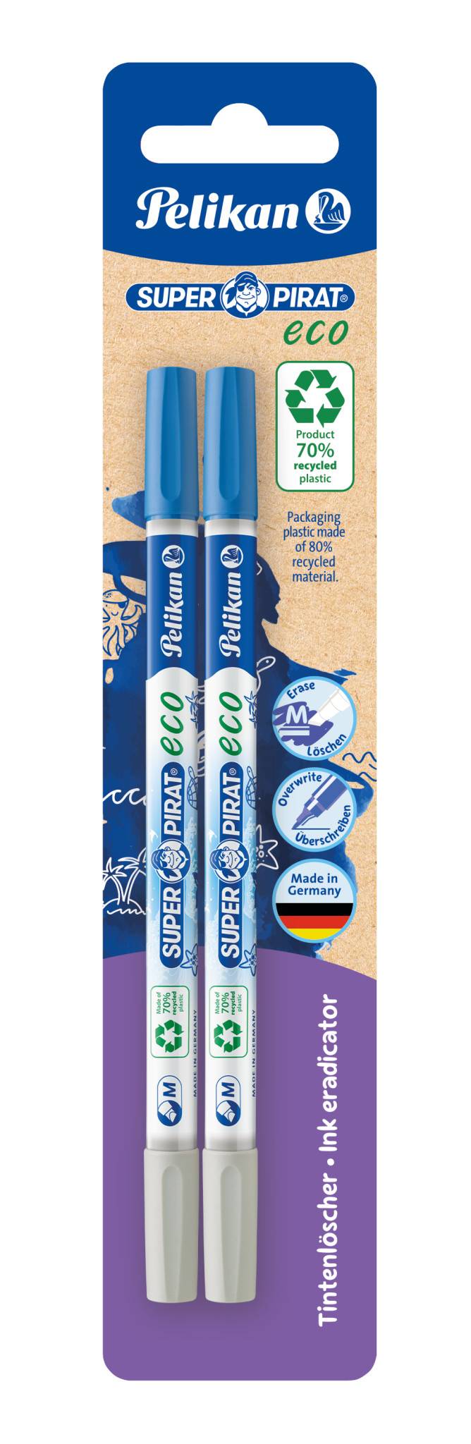 Pelikan SUPER PIRAT eco Tintenmaler, blau und hellblau, auf recycelter Verpackung mit den Etiketten „eco