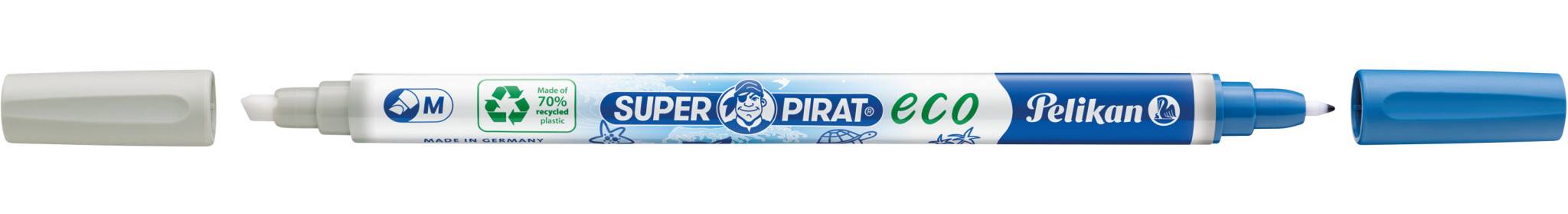 Blauer und weißer Pelikan Super Pirat Öko-Marker mit abgenommener Kappe, zeigt die Spitze und Recycling-Material-Logos auf dem Schaft.