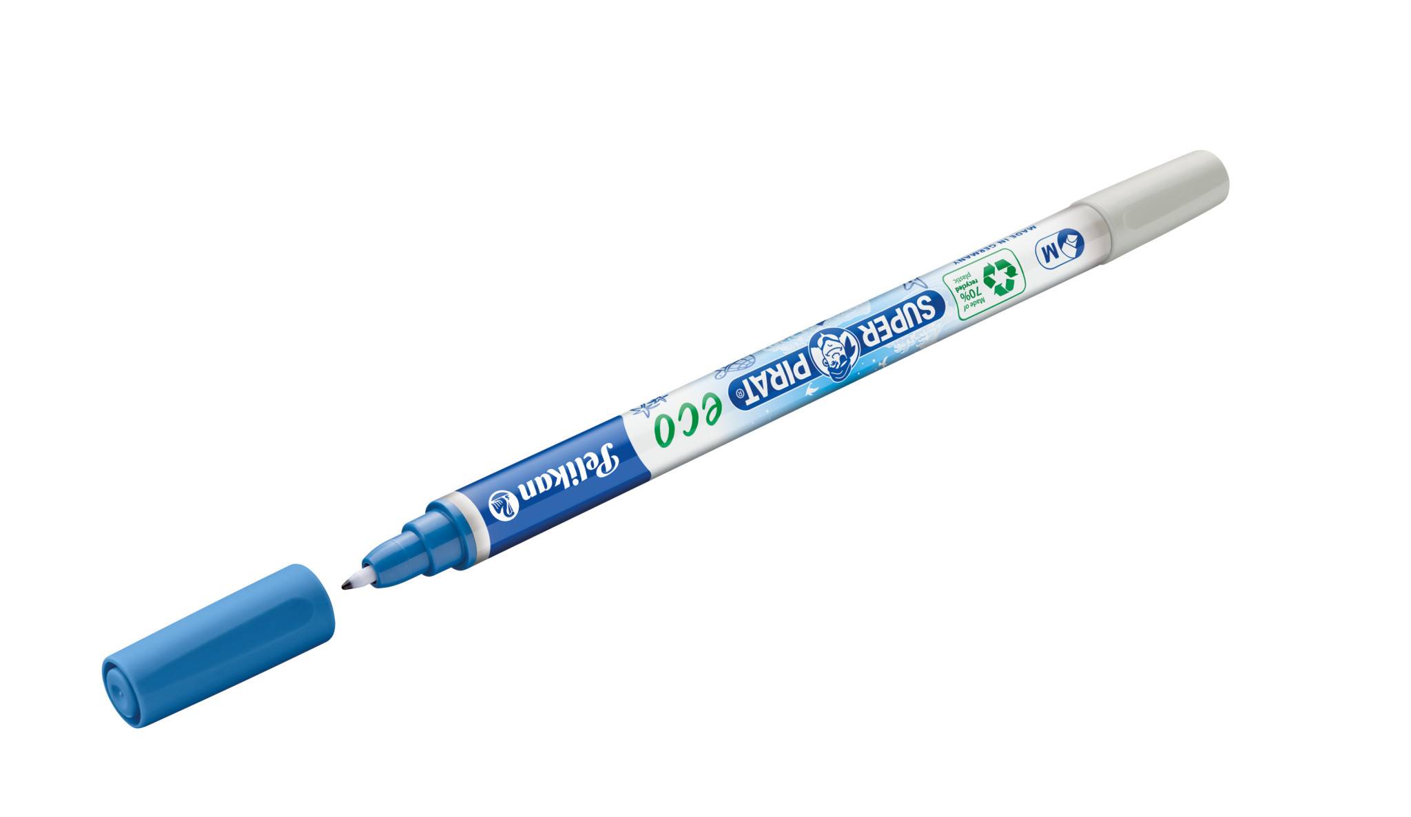 Ein blau-weiß gefärbter permanenter Marker mit entfernter Kappe, diagonal auf weißem Hintergrund dargestellt.