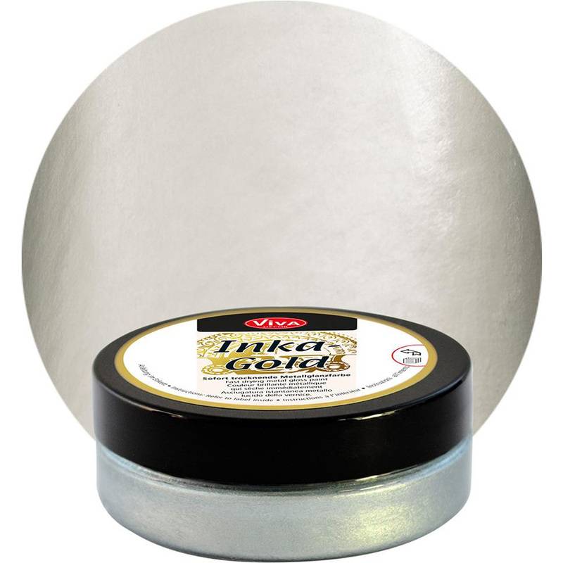 Metallic-Farbtopf 'Inka Gold' mit glänzender, silber-grauer Oberfläche.