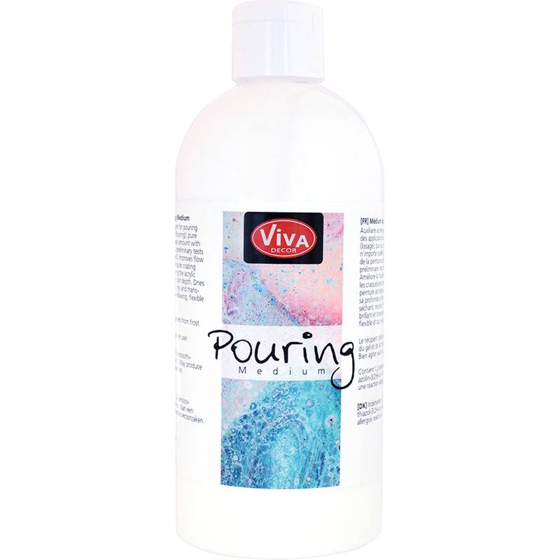 Flasche Viva Decor Pouring Medium, verwendet für Acrylic Pouring Techniken, mit buntem künstlerischem Design auf dem Etikett.