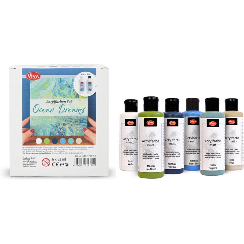 Acrylfarben-Set mit sechs Flaschen in Farben wie Papageiengrün, Melone, Marineblau und Rosa, mit Verpackung mit der Aufschrift 