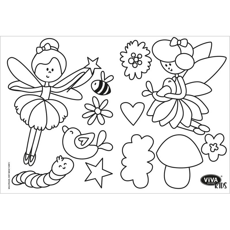 Ausmalbild mit zwei Cartoon-Feen, umgeben von Sternen, Blumen, einer Biene, einer Schnecke, einer Raupe, einem Pilz und dekorativen Formen.