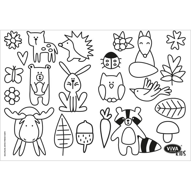 Eine Malvorlage mit einfachen, umrissenen Zeichnungen von Tieren und Naturelementen wie einem Hirsch, einem Hasen, einer Eule, einem Waschbären, Blättern und Pilzen.