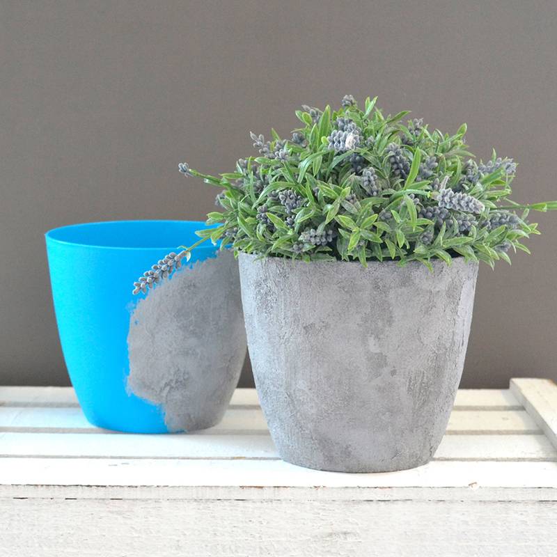 Eine Lavendelpflanze in einem grauen Topf steht neben einem leeren blauen Topf auf einer weißen Holzoberfläche vor einer grauen Wand.