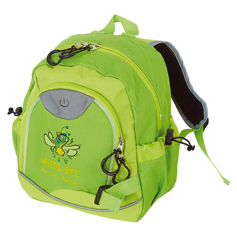 Ein hellgrüner Kinderrucksack mit einem illustrierten Bienen-Logo und dem Text „Wheel Bee - Be Seen - Be Safe